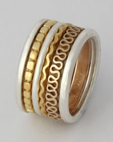 'Stacking Ring' muti patterned in mixed metals, no stones